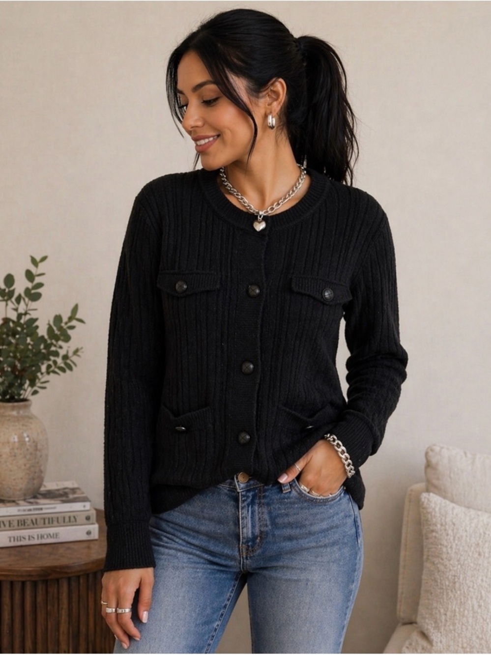 NWT Max Studio Pullover Cardigan sweater, black, women’s size Large.